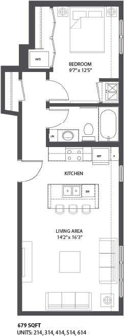 Floor plan for 1 bed, 1 bath, 679 sqft